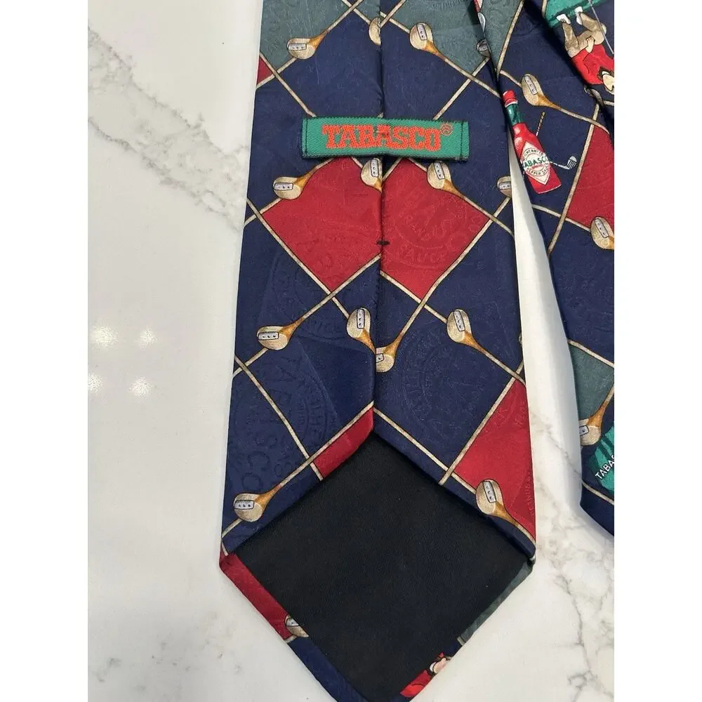 Vtg Tabasco Men’s Tie 3.75” Navy Argyle Hot Sauce Golfer Club Balls Fore Fairway